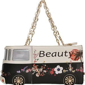 Chic Floral Bus Design Handbag - Black and White